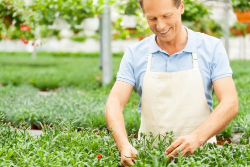 Gardener discussing service details near a landscaped bed